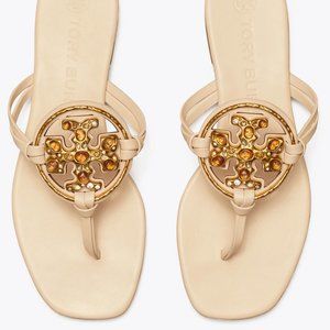 Tory Burch NIB Miller Jeweled Leather Thong Sandals Brie Cream Beige
